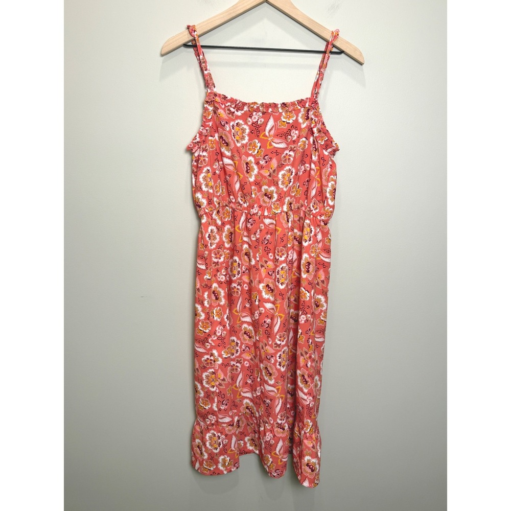 Loft Outlet 6 Petite Midi Sun Dress Coral Pink Butterfly Floral Ruffle Garden - Picture 2 of 9